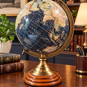 Puede incluir: Un globo terráqueo de escritorio con océanos azul oscuro y masas terrestres color crema, montado sobre un anillo meridiano de latón con marcas de grados. El globo descansa sobre una base de madera pulida escalonada con etiquetas geográficas.