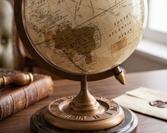 Könnte beinhalten: Ein Globus im Vintage-Stil mit beigefarbener Karte und schwarzer Schrift, montiert auf einer messingfarbenen Metallachse und einem dunklen, runden Holzsockel. Eine kleine Metallplakette am Sockel trägt die Aufschrift Siemens Brothers & Co. Ltd. London.