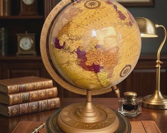 May include: A vintage-style globe featuring a tan and yellow map with purple highlighted regions, mounted on a bronze-colored meridian ring and a circular wooden base. The globe includes a compass rose and latitude markings along the metal frame.