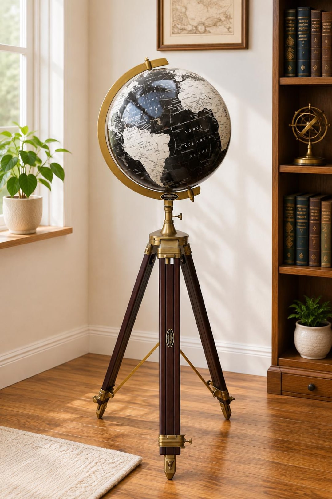 Floor World Globe, Adjustable Tripod Stand, Black Ocean Geographic
