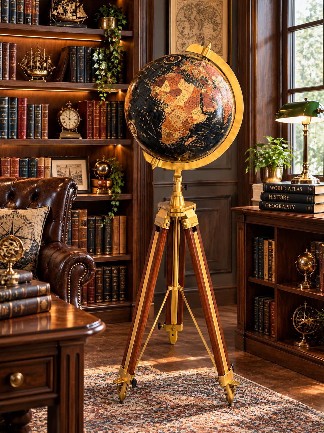 Vintage Black Ocean World Globe on Tripod Stand | Personalized