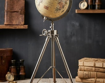 Vintage World Globe Decor Floor Globe  Adjustable Tripod Stand World Map Luxury Nautical Decor  Sophisticated Library & Study Room Ornament