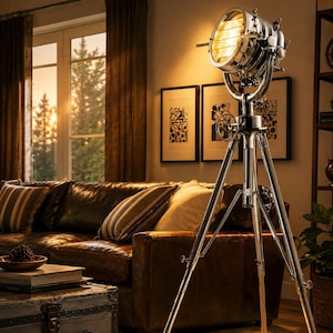 Op de afbeelding: Een vloerlamp van gepolijst chroom met een ronde spotlightkop voorzien van een beschermend metalen rooster, gemonteerd op een verstelbare driepootstandaard. De lamp geeft een warm, goudkleurig licht en heeft mechanische instelknoppen.