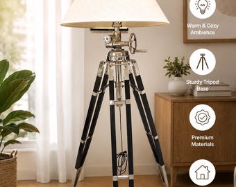 Luxus Dreibein Stehlampe Schwarz Chrom | Industrie Nautische Scheinwerfer Lampe | Moderne handgemachte Wohnzimmer Dekor