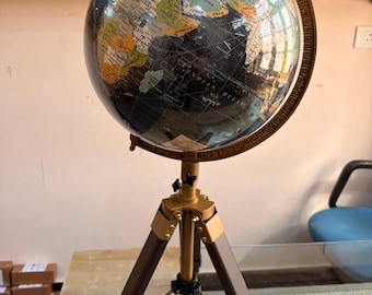Vintage Nautical Floor Standing Globe 12-Inch Black Ocean Gemstone World Globe Adjustable Wood & Brass Tripod Stand Luxury Home Office Decor
