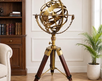 28" Vintage Brass Armillary Sphere, Standing Celestial Globe, Adjustable Wooden Tripod, Nautical Astronomical Decor, Library Office Gift