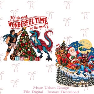 May include: Two digital illustrations featuring a muscular figure placing a star on a Christmas tree with a blue raptor, and Santa Claus riding a sleigh pulled by a blue raptor over a snowy village. Text reads: It's the most WONDERFUL TIME of the year.