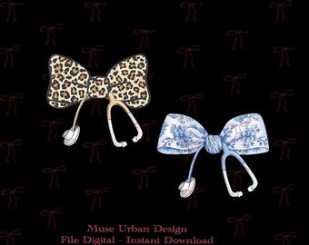 Nurse Bow PNG Bundle, Coquette Stethoscope Bow PNG, Blue Floral & Leopard Print Medical Design, Preppy Floral Stethoscope Nurse Bow PNG