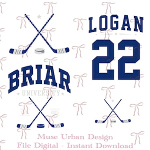 May include: Digital hockey-themed design in navy blue. It features crossed hockey sticks, a puck, the name "LOGAN" with the number "22", and "BRIAR UNIVERSITY". The design is on a white background with pink bows.