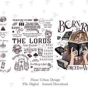 May include: Digital art print with a bookish theme. Features a woman reading surrounded by books, with text elements like "Born to Read, Forced to Work." Includes gothic-style text and illustrations of skulls, hearts, and other decorative elements.