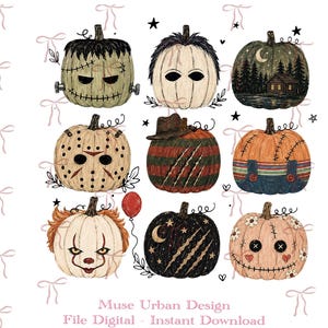 Puede incluir: Una ilustración digital que presenta nueve calabazas estilizadas decoradas como personajes de películas de terror, incluyendo una calabaza de Frankenstein, una de máscara de hockey, una de suéter a rayas y una de muñeca sobre fondo blanco.