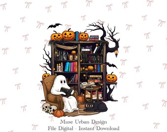 Spooky Reading Room PNG, Cozy Ghost Library Clipart, Halloween Bookshelf png, Book Lover Autumn, Book Lover Halloween PNG, Ghostly Bookish