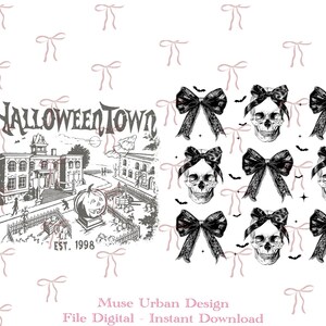May include: A digital graphic design featuring the text HALLOWEENTOWN EST. 1998 above an illustration of a town square with a large pumpkin. The right side displays a repeating pattern of human skulls wearing black bows and small bat silhouettes.