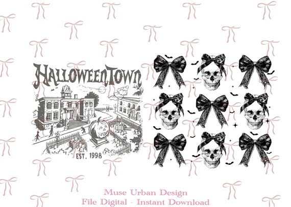 Halloween Town PNG, Coquette Skull Bow PNG, Gothic Halloween png, Spooky Season, Coquette Halloween Bow png,  Halloweentown Est 1998 Design
