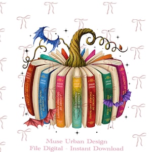 May include: A digital illustration of a pumpkin shaped from a collection of books by Sarah J. Maas, featuring colorful spines, a textured brown stem, and small purple and red bat wings, accented by black star sparkles on a white background.