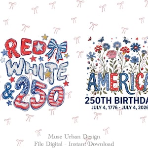 Amerika 250 PNG, Röd Vit och 250 PNG, 4 juli 2026 PNG, Amerikas 250-årsdag PNG, Patriotisk blommig USA, Självständighetsdagen bubbelbokstav,