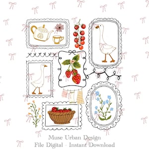 Può includere: Illustrazione digitale con disegni incorniciati di una teiera, un'oca, fragole e fiori. L'opera d'arte include un cestino di fragole, un grappolo di pomodori e una stringa di luci. Lo sfondo è bianco con fiocchi rosa. Il testo in basso recita "Muse Urban Design File Digital - Instant Download."
