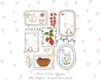 May include: Digital artwork with framed illustrations of a teapot, goose, strawberries, and flowers. The design includes a basket of strawberries, a sprig of tomatoes, and a string of lights. The background is white with pink bows. Text at the bottom reads "Muse Urban Design File Digital - Instant Download."