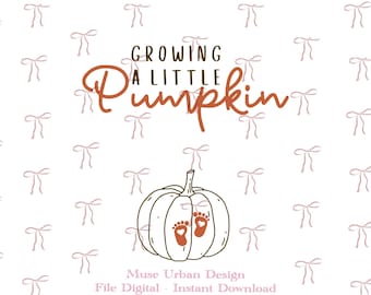 May include: A digital graphic design featuring the text "GROWING A LITTLE Pumpkin" in brown and orange. Below the text is a line-art pumpkin illustration with two small orange baby footprints. The background has a repeating pattern of light pink bows.