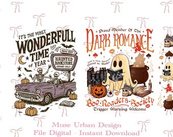 May include: A digital graphic design featuring two Halloween-themed illustrations. The left side shows skeletons in a purple convertible with text reading It's The Most Wonderfull Time Of Year and Haunted Bookstore. The right side shows a ghost reading a book with text reading Proud Member Of The Dark Romance Boo Readers Society Trigger Warning Welcome.