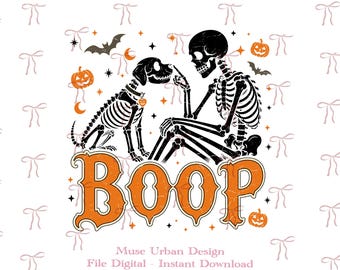 May include: A graphic illustration featuring a black skeleton sitting and touching the nose of a black dog skeleton. The design includes orange pumpkins, bats, stars, and the word BOOP in large orange letters. The background has a repeating bow pattern.