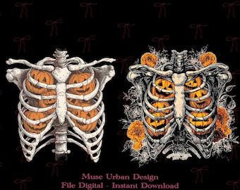 May include: Two digital illustrations of human rib cages on a black background. The left rib cage contains orange jack-o'-lanterns. The right rib cage features orange jack-o'-lanterns surrounded by orange flowers. Text reads Muse Urban Design File Digital.