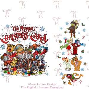 Puede incluir: Un gráfico digital que presenta The Muppet Christmas Carol con personajes cantando de cancioneros, rodeados de copos de nieve. A la derecha, se muestran personajes Muppet individuales con iconos navideños como bastones.