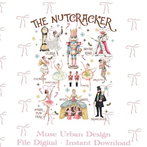 May include: A digital illustration titled THE NUTCRACKER featuring characters including Clara, the Nutcracker, Mouse King, Columbine, Snowflakes, Flowers, Harlequin, Sugar Plum Fairy, Mother Ginger, and Drosselmeyer, accented with colourful snowflakes.