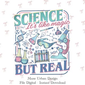 Op de afbeelding: Kleurrijke illustratie met de tekst "SCIENCE It's like magic BUT REAL" en wetenschappelijke afbeeldingen, waaronder een microscoop en bekers. Het ontwerp staat op een witte achtergrond met kleine roze strikjes.
