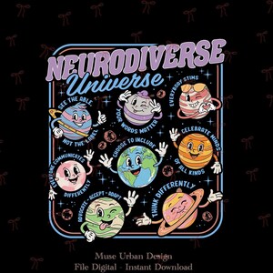 May include: A retro-style graphic with the words "Neurodiverse Universe" and cartoon planets. Each planet has a unique design and expression, with phrases like "See the Able" and "Celebrate Minds of All Kinds."