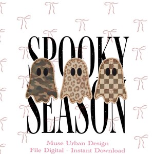Può includere: Una grafica digitale con il testo SPOOKY SEASON in nero, con tre forme di fantasmi davanti. I fantasmi hanno occhi ovali neri e presentano rispettivamente motivi mimetici, leopardati e a scacchi marroni.