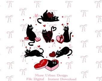 May include: A digital illustration featuring seven black cats in various poses with red hearts, yarn balls, and gift boxes. The cats are surrounded by small red stars and dots. At the bottom, a heart-shaped box is labelled with the word Love.
