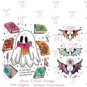 May include: A digital illustration featuring a white ghost reading a book titled A Court of Silver Flames, surrounded by several colorful books, two candles, a feather, and three sets of bat-like wings with geometric lines and stars.