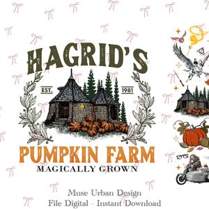 May include: Digital illustration featuring Hagrid's Pumpkin Farm with a stone cottage, pumpkins, and text. The design includes the text "Hagrid's Pumpkin Farm Magically Grown" and other related imagery.