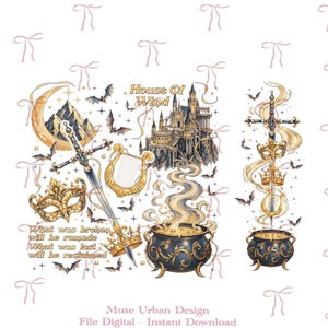 May include: A digital illustration featuring a castle, a sword, a harp, a masquerade mask, a cauldron with smoke, and bats. Text reads: House Of Wind, What was broken will be remade, What was lost will be reclaimed. Muse Urban Design File Digital.