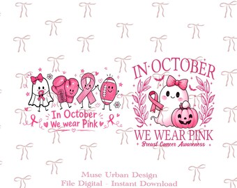 May include: Two digital graphic designs featuring pink breast cancer awareness themes. The left design shows a ghost, boxing gloves, a ribbon, and a football with the text In October We wear Pink. The right design features a ghost with a pumpkin and the text IN OCTOBER WE WEAR PINK Breast Cancer Awareness.