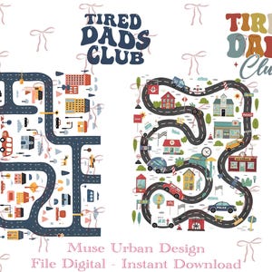Può includere: Due illustrazioni colorate di paesaggi urbani con strade ed edifici. Uno presenta il testo "TIRED DADS CLUB" in blu, l'altro in rosso, giallo e blu. I disegni includono auto, case e vari elementi urbani.