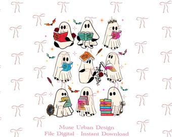 May include: A digital illustration featuring nine white ghosts reading books, surrounded by small bats, stars, and quills. The ghosts are depicted in various poses, some holding single books, others with stacks of books, a crown, or a sword. The text reads Muse Urban Design File Digital - Instant Download.