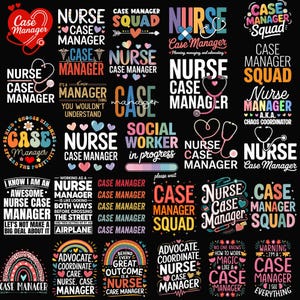 Op de afbeelding: Een zwarte achtergrond is gevuld met kleurrijke tekstontwerpen gerelateerd aan verpleging en casemanagement. De ontwerpen omvatten stethoscopen, harten, regenbogen en zinnen als "Nurse Case Manager" en "Case Manager Squad".