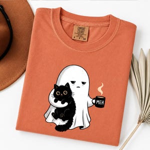 Ghost Holding Black Cat Shirt, Meh Coffee Ghost Halloween Shirt, Funny Spooky Cat Tee, Cute Halloween Sweatshirt Hoodie, Fall Shirt