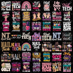 Könnte beinhalten: Eine Sammlung von achtundvierzig Grafikdesigns zum Thema Nageldesign, mit verschiedenen Schriftzügen, Illustrationen von Nagellackflaschen, Händen, Regenbögen und Werkzeugen auf einem soliden schwarzen Hintergrund.