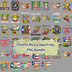 Op de afbeelding: Een verzameling kleurrijke digitale illustraties met kikkers, vlaggen en muziekinstrumenten. De ontwerpen bevatten de Puerto Ricaanse vlag en de tekst "Puerto Rico Coquí Frog PNG Bundle."