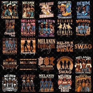 Op de afbeelding: Een verzameling grafische ontwerpen met de tekst "Melanin Cowgirl Swag" en illustraties van vrouwen in cowboyhoeden en -kleding. De ontwerpen zijn in verschillende stijlen, met een zwarte achtergrond.