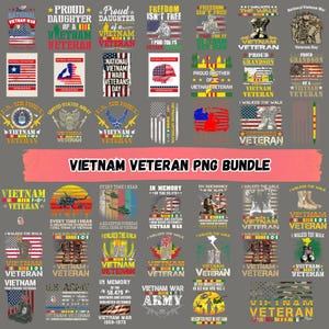 May include: A collection of PNG images with patriotic themes, including flags, military insignia, and text related to Vietnam War veterans. The designs feature phrases like "Vietnam Veteran," and "Freedom Isn't Free."