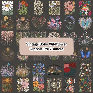 May include: A collection of vintage boho wildflower graphic PNG images. The images feature various floral designs, butterflies, and sun motifs in a variety of colors, including pink, blue, and orange, on a dark background. Text on the image reads "Vintage Boho Wildflower Graphic PNG Bundle."