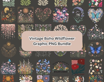 30+ Vintage Boho Wildflower PNG Bundle Floral Botanical Retro Nature Art Graphics