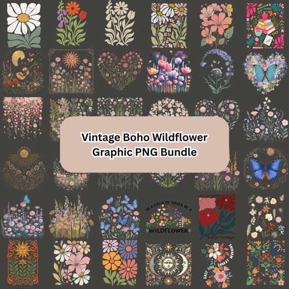 30+ Vintage Boho Wildflower PNG Bundle Floral Botanical Retro Nature Art Graphics