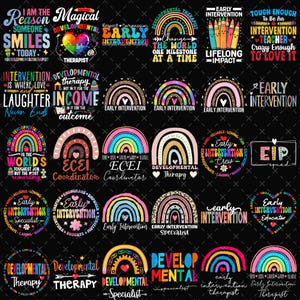 Può includere: Una collezione di grafiche colorate con testo, tra cui arcobaleni, cuori e frasi come "Early Intervention" e "Developmental Therapy". I disegni sono in vari stili, adatti per abbigliamento o accessori.