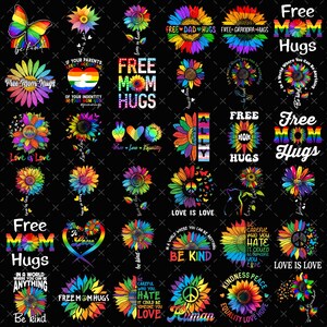 Peut inclure: Une collection de motifs graphiques numériques sur fond noir représentant des tournesols, des papillons et des cœurs aux couleurs de l'arc-en-ciel. Le texte inclut des phrases comme Free Mom Hugs, Love is Love, Be Kind et In a World.