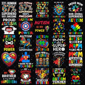 May include: A collection of colorful graphic designs with text related to autism awareness. Designs include puzzle pieces, superhero themes, and phrases like "Autism is my superpower" and "Proud Autism Dad."
